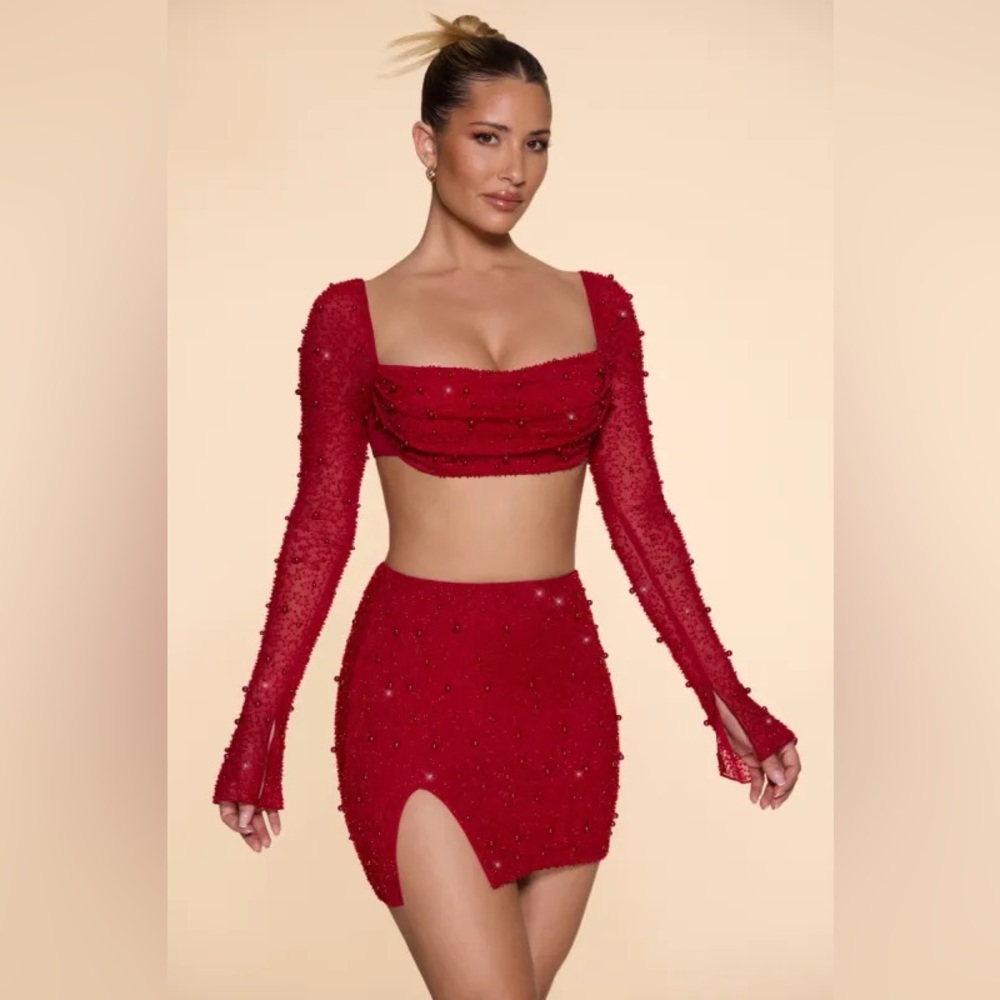 Oh Polly Embellished Vibrant Red Two Piece Bead Set 0